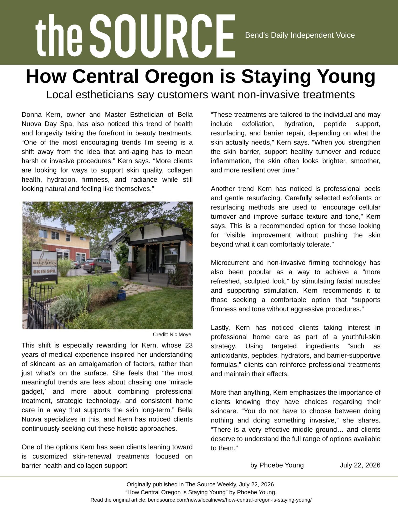 Bella Nuova Day Spa featured in The Source Weekly article about non-invasive skincare in Central Oregon.
