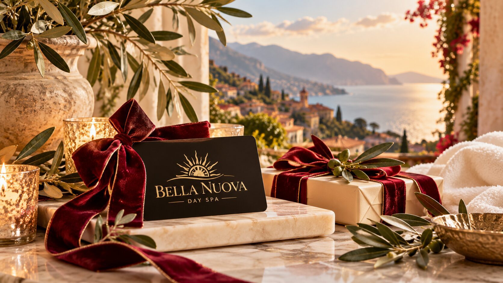 Bella Nuova Day Spa gift card with burgundy velvet ribbon, candles and olive branches in an Italian-inspired holiday setting.