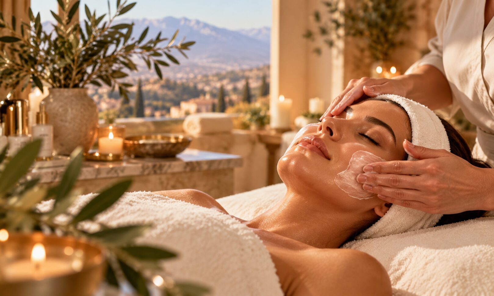 Woman receiving a hydrating facial at an Italian-inspired spa, illustrating dry skin care in Bend Oregon
