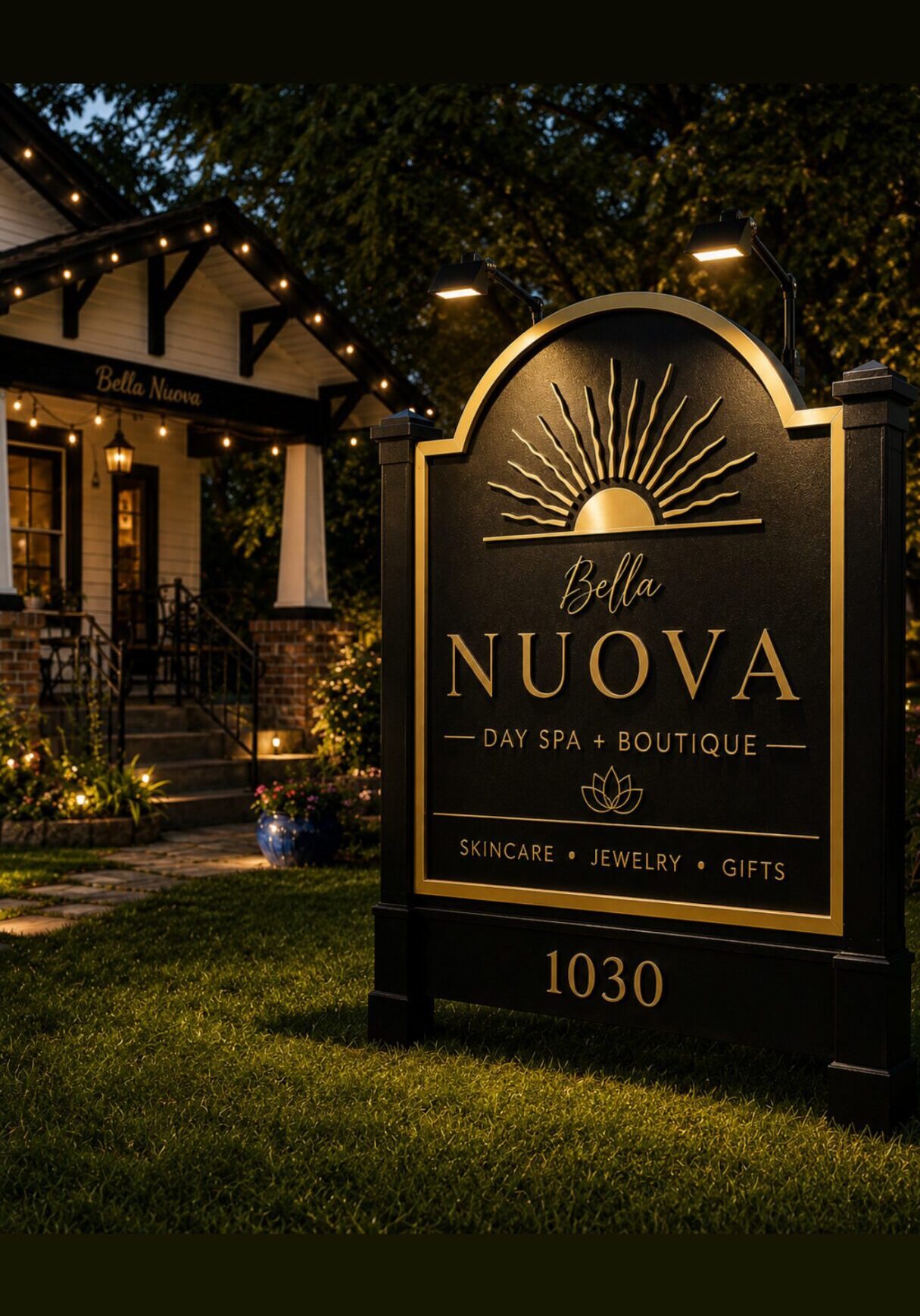 Front entrance of Bella Nuova Day Spa & Boutique in Bend, Oregon, featuring the new storefront sign.